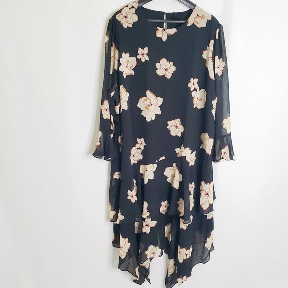 Floral Tiered Sheer Bell-Sleeved Cottagecore Dress - Picture 1 of 7